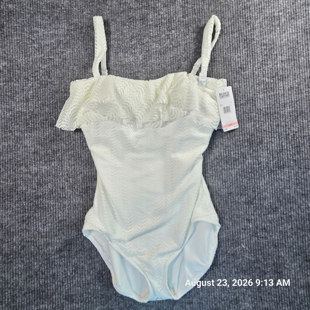 Coco Contours White Lace Ruffle One Piece Swimsuit Bra Sized 16/40C T85172 NEW